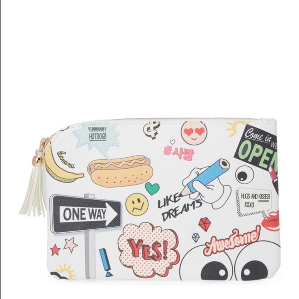 pop art comic emoji zip clutch